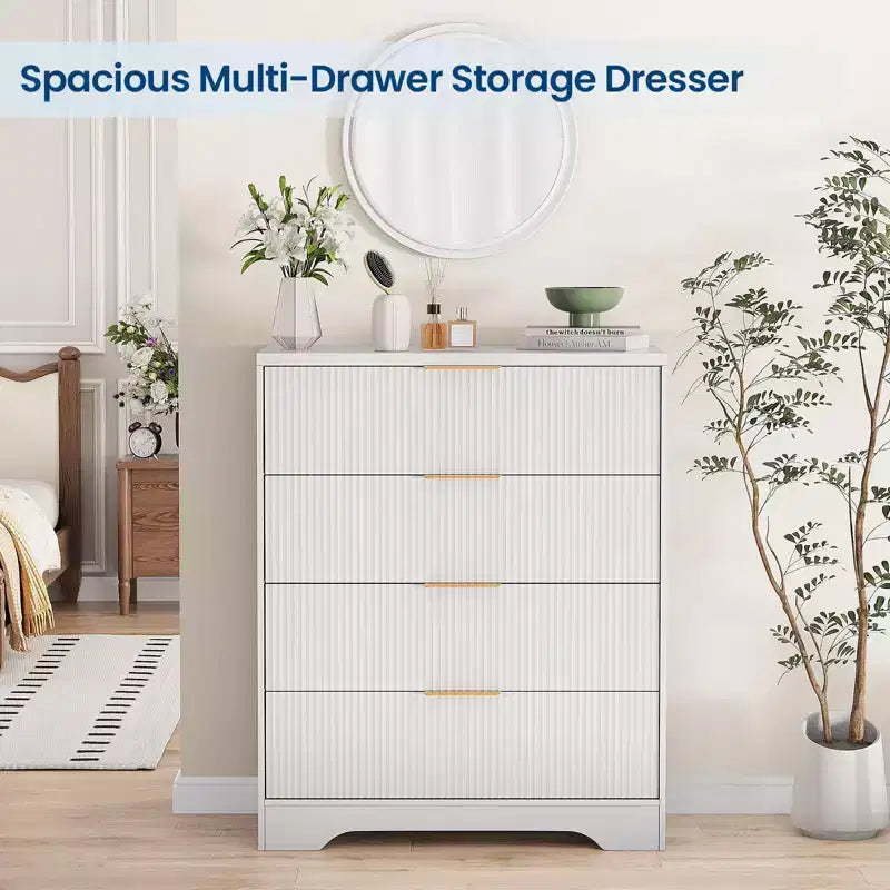 Commode à 5 tiroirs cannelée pour chambre à coucher, commode moderne de 120 cm de haut avec poignées en métal doré, commode en bois pour placard, salon, couloir