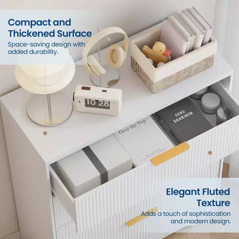 Commode à 5 tiroirs cannelée pour chambre à coucher, commode moderne de 120 cm de haut avec poignées en métal doré, commode en bois pour placard, salon, couloir
