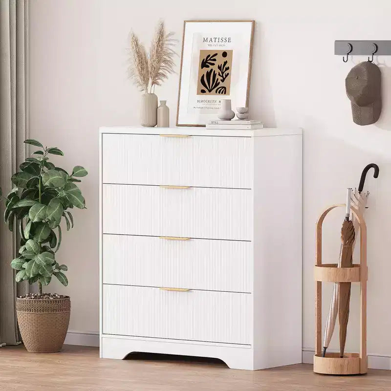 Commode à 5 tiroirs cannelée pour chambre à coucher, commode moderne de 120 cm de haut avec poignées en métal doré, commode en bois pour placard, salon, couloir