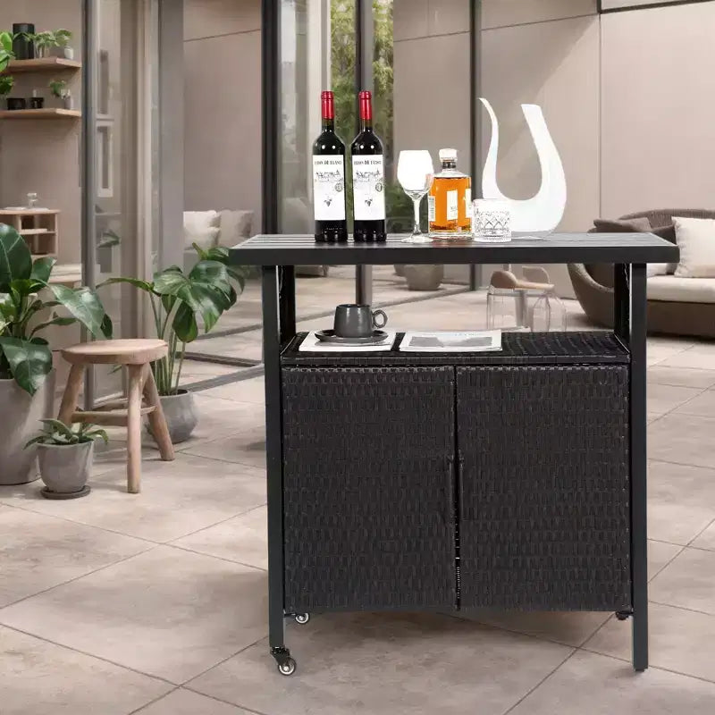 NAYSAYE Chariot de bar d'extérieur en osier avec dessus en bois composite pour patio, noir, 35,43*19,69*35,43