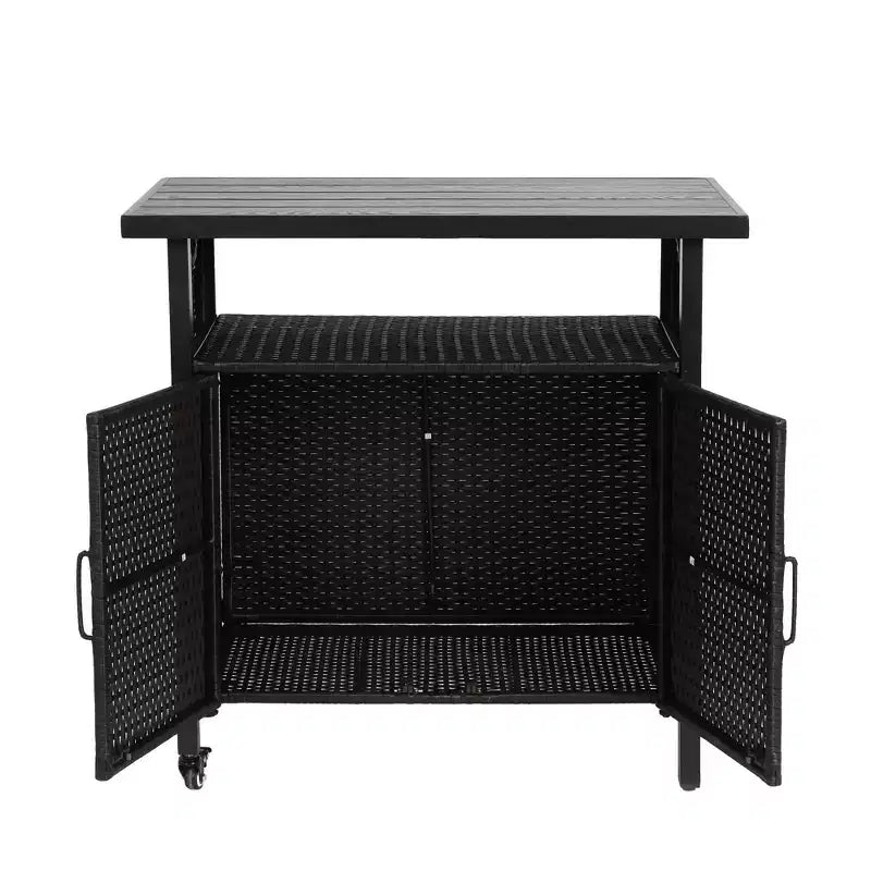 NAYSAYE Chariot de bar d'extérieur en osier avec dessus en bois composite pour patio, noir, 35,43*19,69*35,43