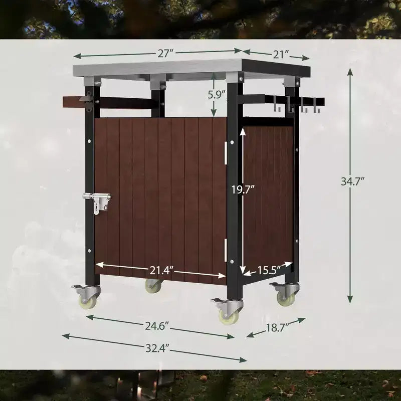 Chariot de service NAYSAYE pour bar, chariot de barbecue extérieur avec plateau en acier inoxydable pour cuisine de patio, marron, 32,4*18,7*34,7