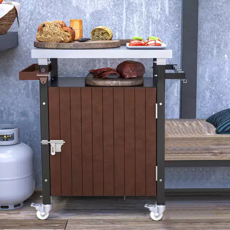 Chariot de service NAYSAYE pour bar, chariot de barbecue extérieur avec plateau en acier inoxydable pour cuisine de patio, marron, 32,4*18,7*34,7