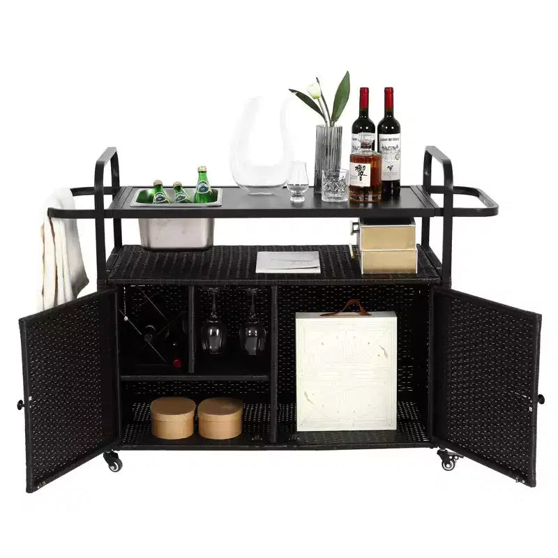 NAYSAYE Chariot de service de bar Table d'extérieur en osier avec armoire et plateau en acier pour patio, Noir, 51.57*19.69*35.83