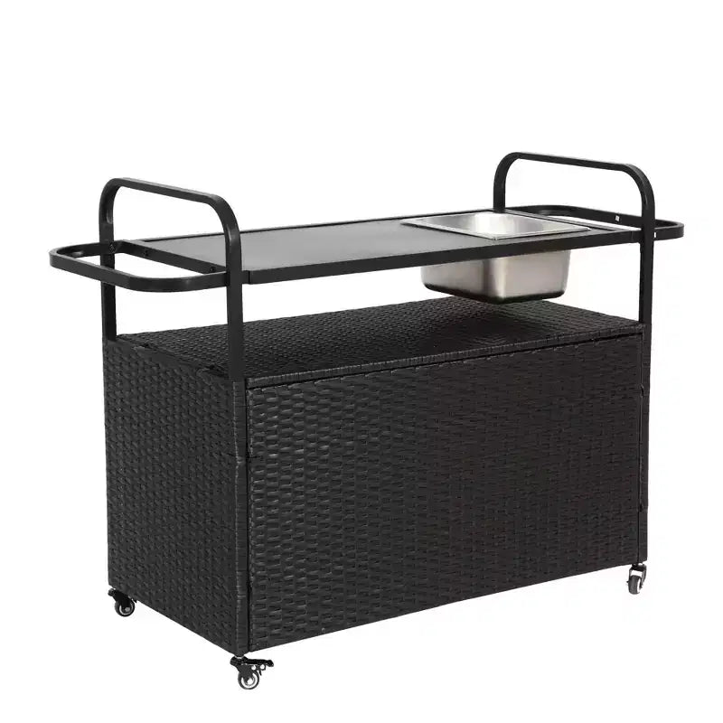 NAYSAYE Chariot de service de bar Table d'extérieur en osier avec armoire et plateau en acier pour patio, Noir, 51.57*19.69*35.83