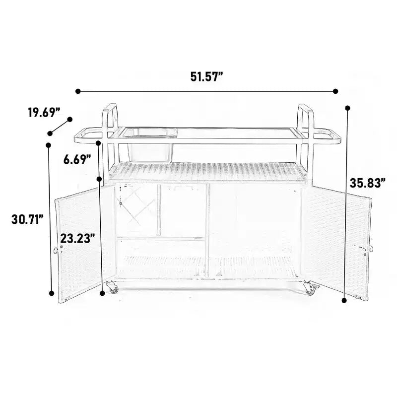 NAYSAYE Chariot de service de bar Table d'extérieur en osier avec armoire et plateau en acier pour patio, Noir, 51.57*19.69*35.83