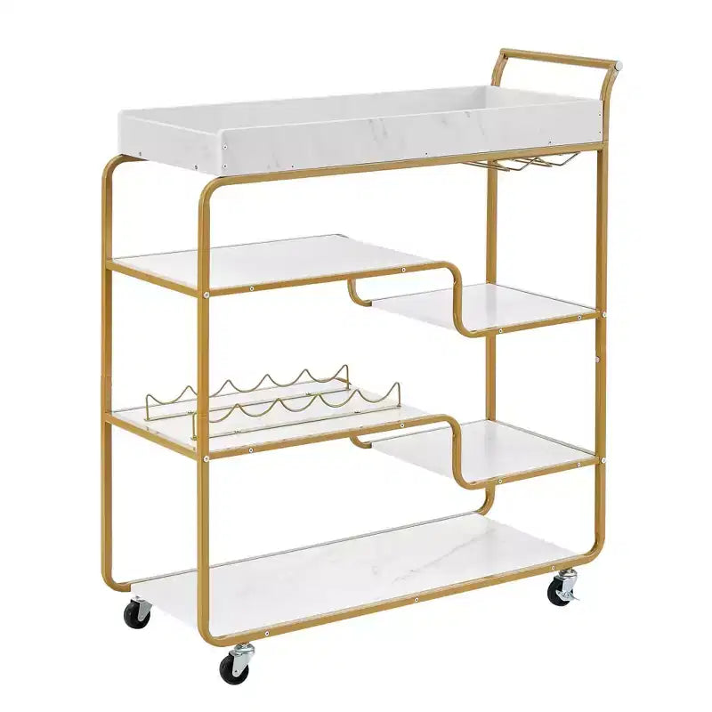 NAYSAYE Bar Serving Cart Retro Style Beverage Trolley with Wine Rack and Glass Holder for Living Room , Gold, 35.63*13.98*40.35