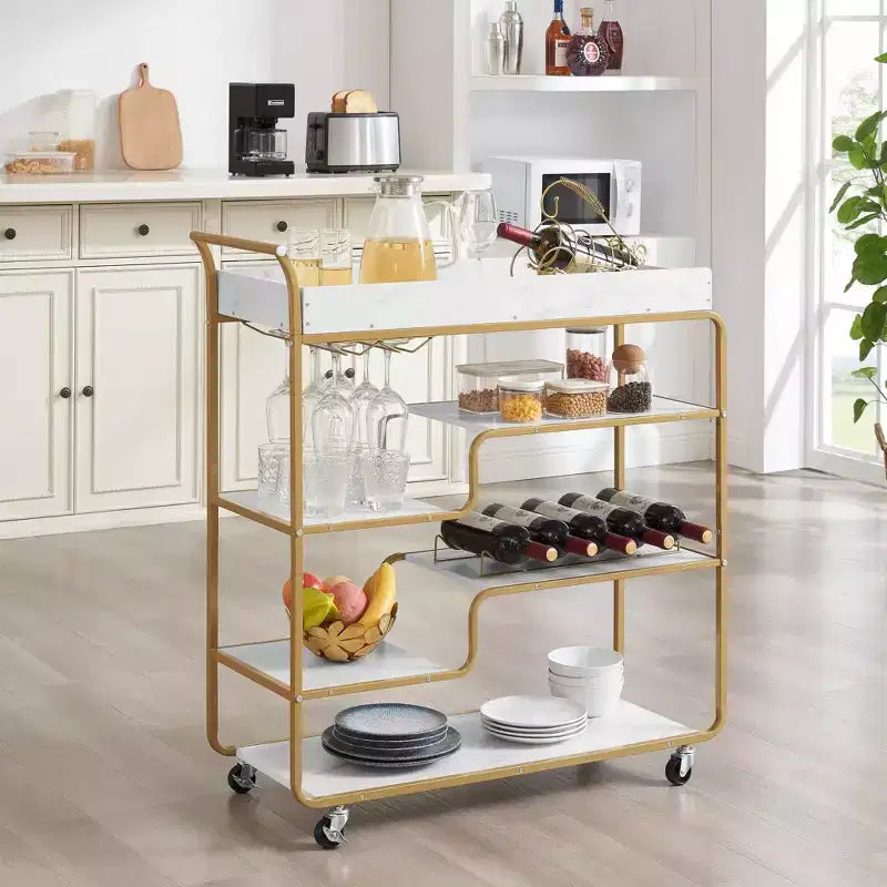 NAYSAYE Chariot de Bar Style Rétro Desserte de Boissons avec Casier à Vin et Porte-Verres pour Salon, Doré, 35.63*13.98*40.35