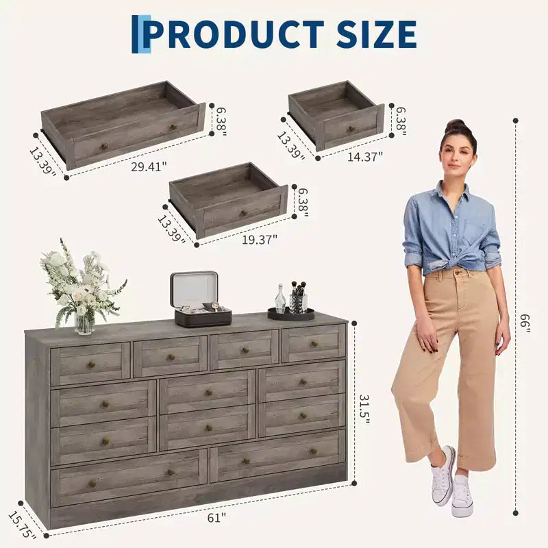 Commode en bois à 12 tiroirs pour chambre, Organisateur de rangement pour vêtements en bois pour salon, couloir, Meuble TV commode large et moderne