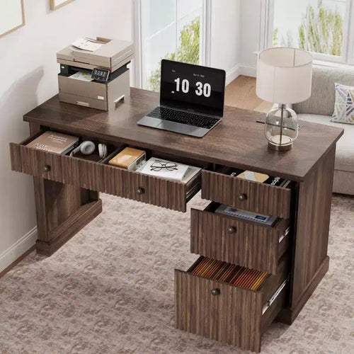 Bureau de direction 54 po avec tiroirs, bureau de télétravail cannelé avec classeur, bureau d'ordinateur en bois pour étude, table de conférence pour salon