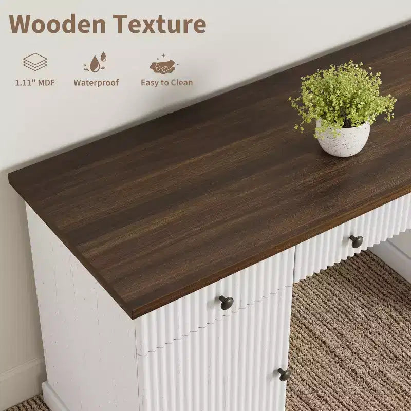 Bureau de direction 54 po avec tiroirs, bureau de télétravail cannelé avec classeur, bureau d'ordinateur en bois pour étude, table de conférence pour salon