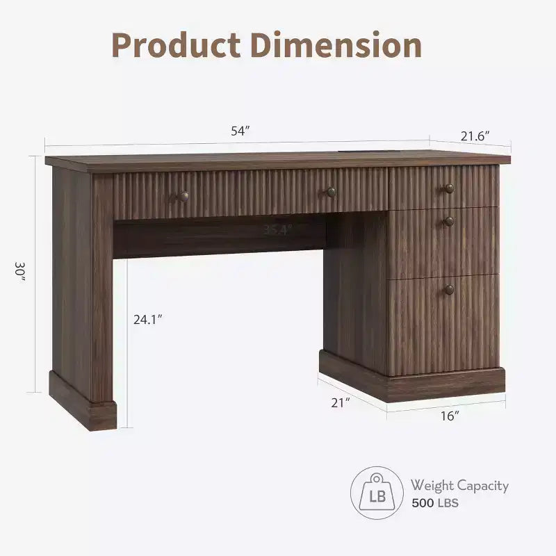 Bureau de direction 54 po avec tiroirs, bureau de télétravail cannelé avec classeur, bureau d'ordinateur en bois pour étude, table de conférence pour salon