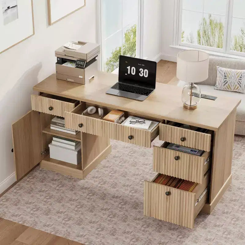 Bureau de direction 54 po avec tiroirs, bureau de télétravail cannelé avec classeur, bureau d'ordinateur en bois pour étude, table de conférence pour salon
