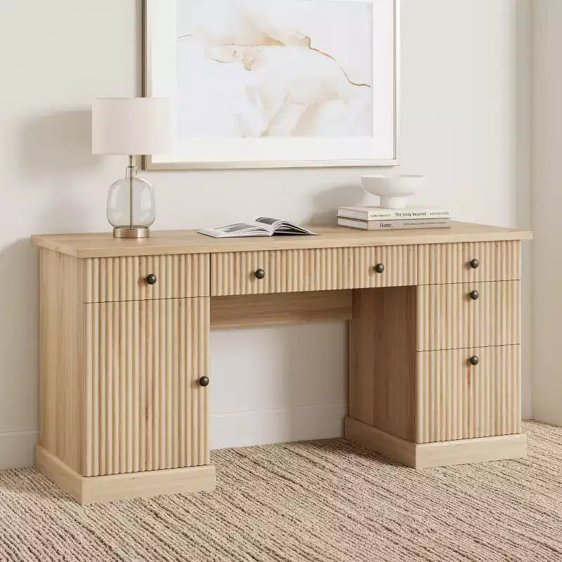 Bureau de direction 54 po avec tiroirs, bureau de télétravail cannelé avec classeur, bureau d'ordinateur en bois pour étude, table de conférence pour salon