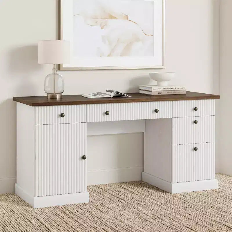 Bureau de direction 54 po avec tiroirs, bureau de télétravail cannelé avec classeur, bureau d'ordinateur en bois pour étude, table de conférence pour salon
