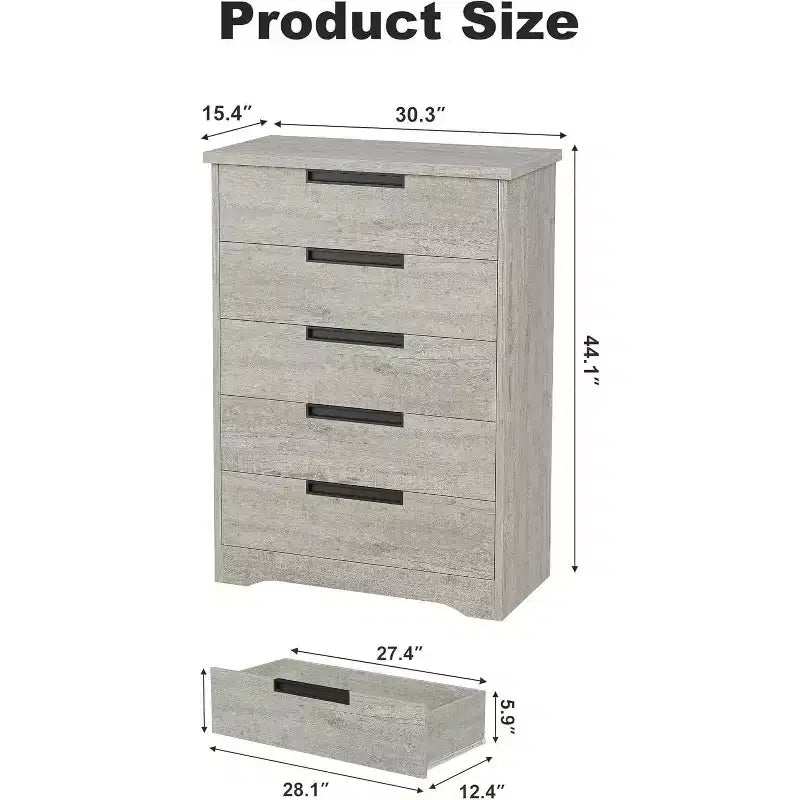Commode Acekool moderne à 5 tiroirs grise – Poignées encastrées, rangement spacieux pour chambre, chambre de bébé, entrée