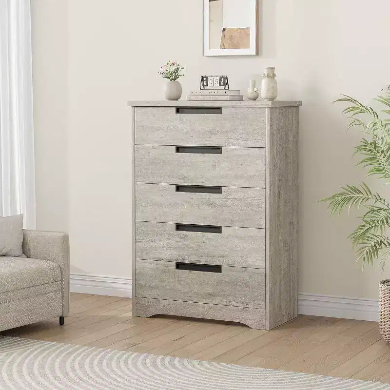 Commode Acekool moderne à 5 tiroirs grise – Poignées encastrées, rangement spacieux pour chambre, chambre de bébé, entrée