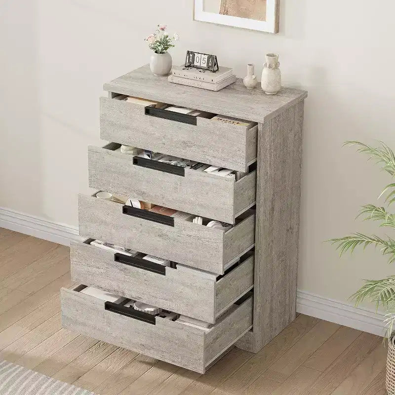 Commode Acekool moderne à 5 tiroirs grise – Poignées encastrées, rangement spacieux pour chambre, chambre de bébé, entrée