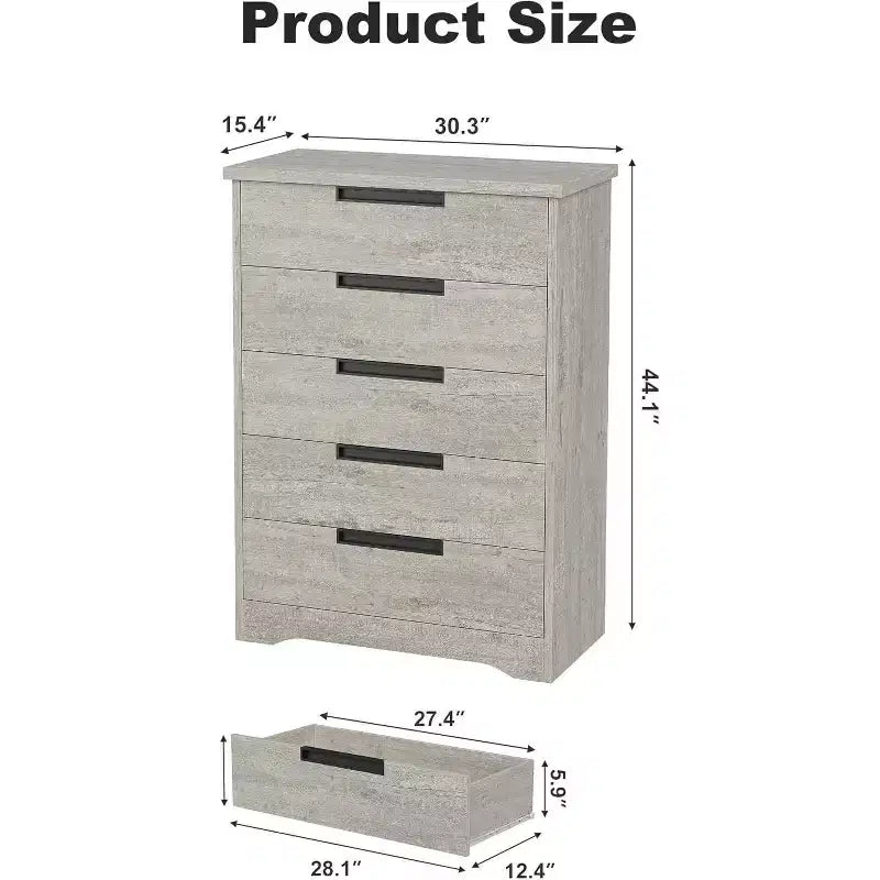 Commode Acekool moderne à 5 tiroirs grise – Poignées encastrées, rangement spacieux pour chambre, chambre de bébé, entrée