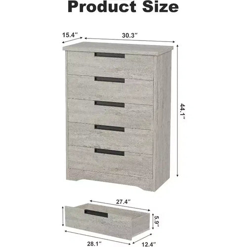 Commode Acekool moderne à 5 tiroirs grise – Poignées encastrées, rangement spacieux pour chambre, chambre de bébé, entrée