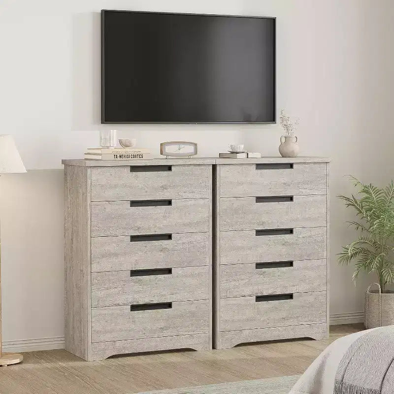 Commode Acekool moderne à 5 tiroirs grise – Poignées encastrées, rangement spacieux pour chambre, chambre de bébé, entrée