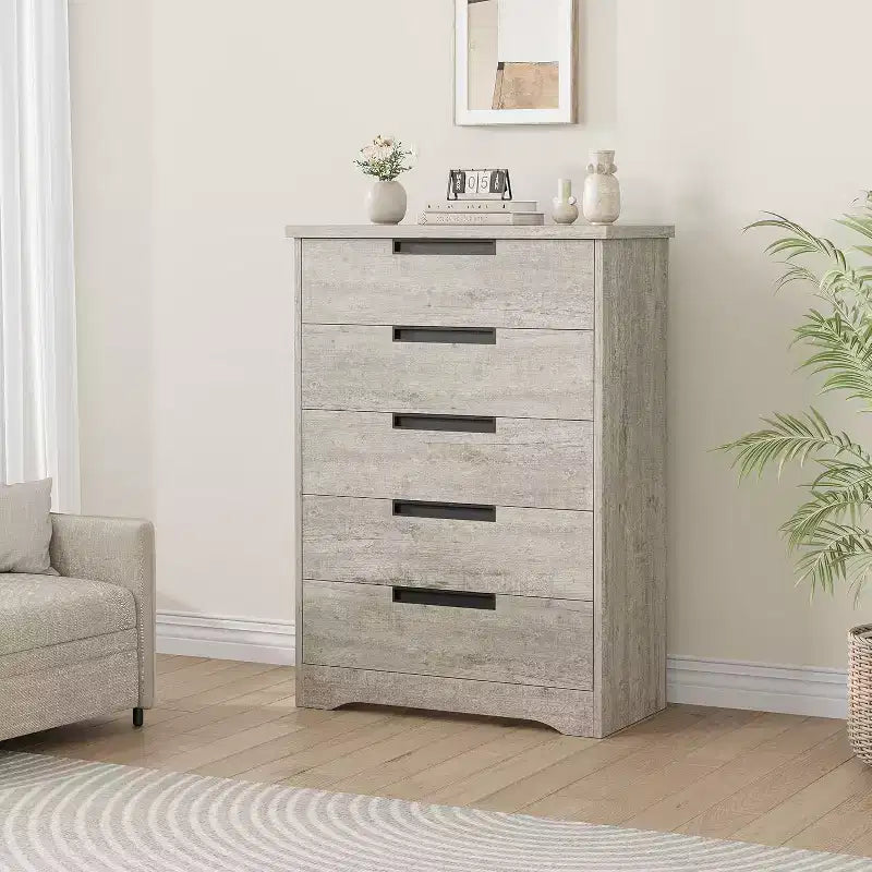 Commode Acekool moderne à 5 tiroirs grise – Poignées encastrées, rangement spacieux pour chambre, chambre de bébé, entrée