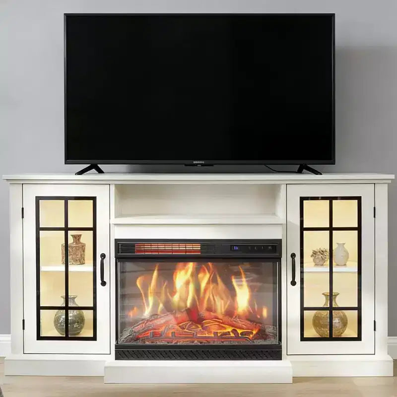 Meuble TV pour cheminée blanc 59 po avec verre 3 côtés, rangement rustique avec portes en verre vieilli avec chauffage électrique et lumières DEL pour salon