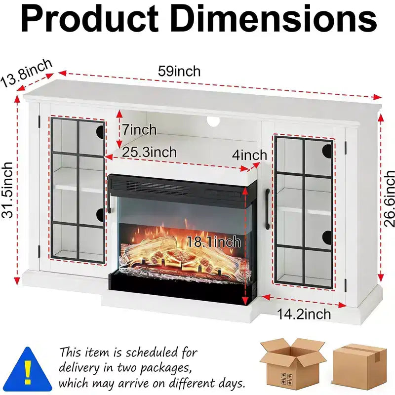 Meuble TV pour cheminée blanc 59 po avec verre 3 côtés, rangement rustique avec portes en verre vieilli avec chauffage électrique et lumières DEL pour salon