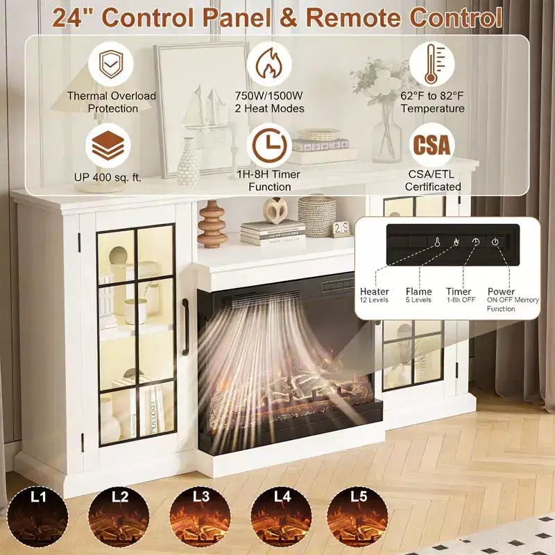 Meuble TV pour cheminée blanc 59 po avec verre 3 côtés, rangement rustique avec portes en verre vieilli avec chauffage électrique et lumières DEL pour salon