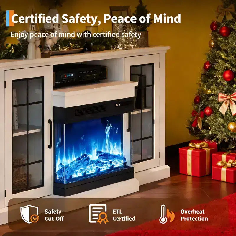 Meuble TV pour cheminée blanc 59 po avec verre 3 côtés, rangement rustique avec portes en verre vieilli avec chauffage électrique et lumières DEL pour salon