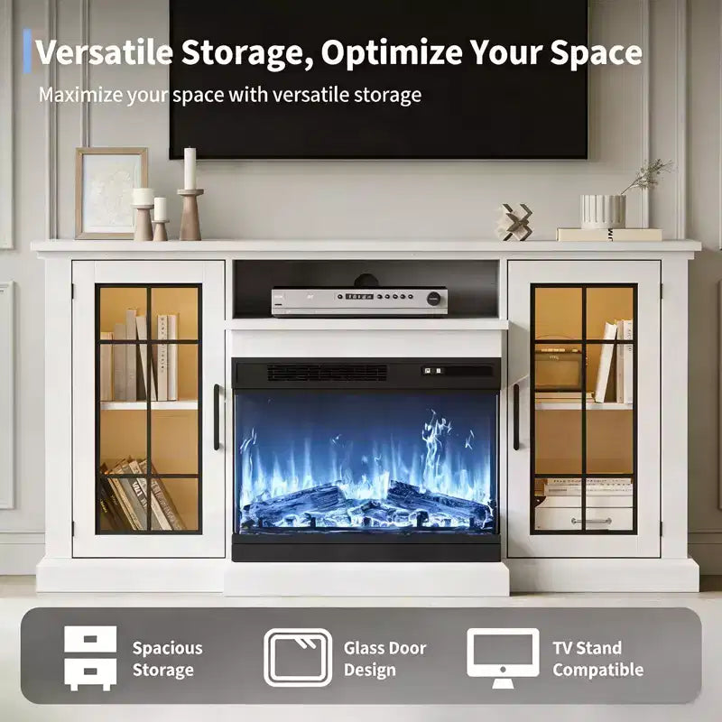 Meuble TV pour cheminée blanc 59 po avec verre 3 côtés, rangement rustique avec portes en verre vieilli avec chauffage électrique et lumières DEL pour salon