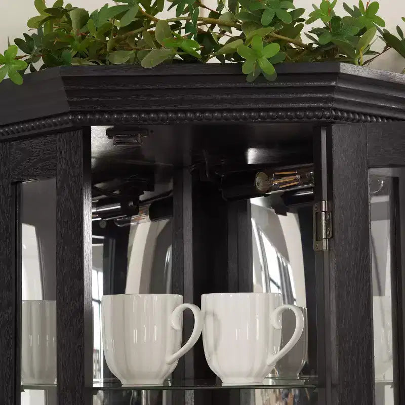 Vitrine d'angle éclairée - Étagère d'exposition en verre avec portes en verre trempé, étagères réglables - Meuble bar idéal pour la décoration intérieure - NOIR