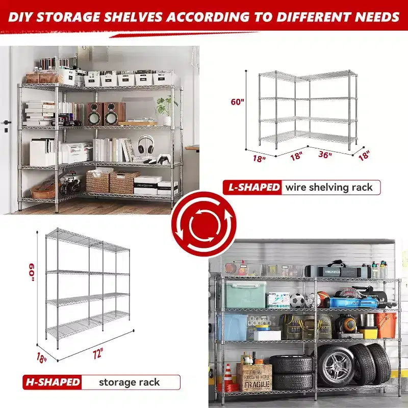 Étagère de rangement métallique robuste à 4 niveaux HOMDOX, 72W x 18D x 60H, étagères métalliques réglables en fil pour le rangement, unités d'étagères de rangement autoportantes de 1600 lb