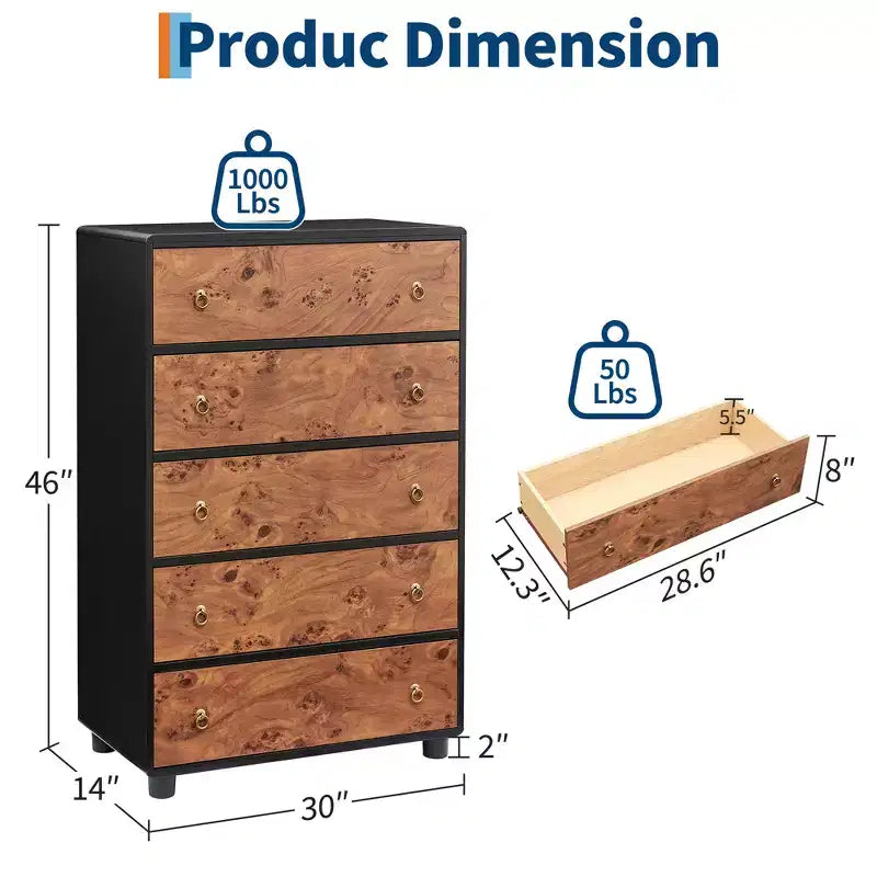 Commode à 5 tiroirs pour chambre à coucher, organisateur de rangement avec double poignée rustique, commode en bois meuble TV, commode pour placard, salon, couloir