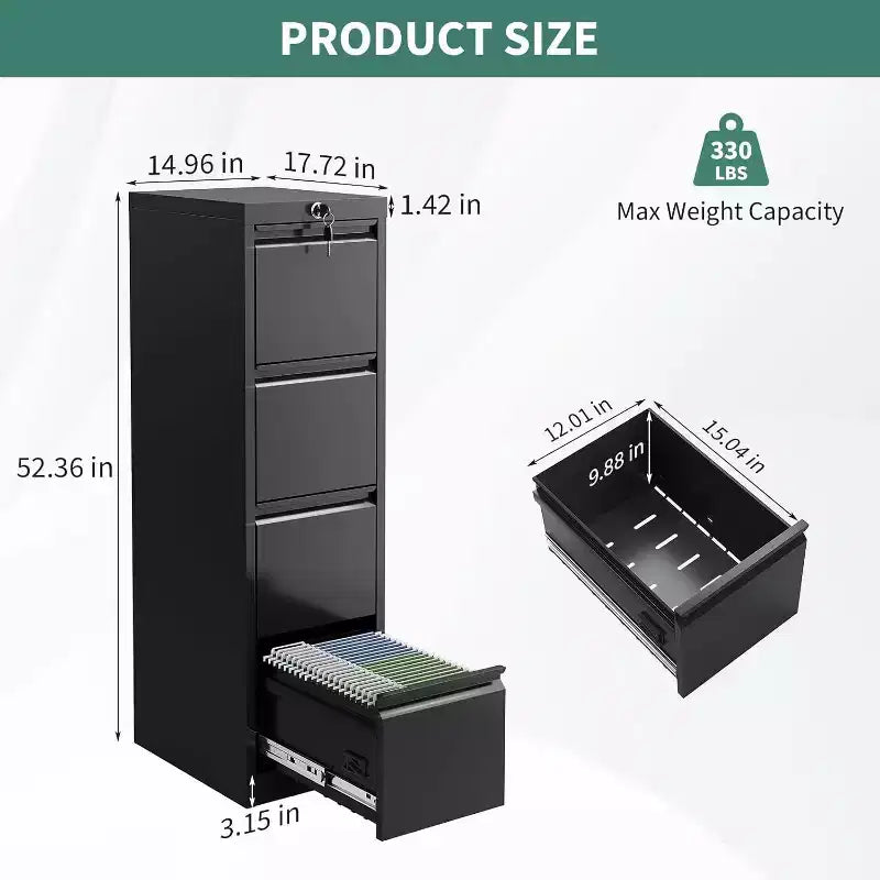 Acekool Classeur vertical à 4 tiroirs avec serrure, armoire de classement en métal pour bureau à domicile, dossiers suspendus A4/Lettre/Légal