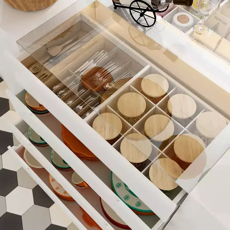 Desserte îlot de cuisine multifonctionnelle Famapy avec finition brillante : tiroirs spacieux, éclairage LED intégré, rangement organisé. Optimisez l'espace.
