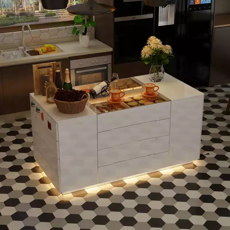 Desserte îlot de cuisine multifonctionnelle Famapy avec finition brillante : tiroirs spacieux, éclairage LED intégré, rangement organisé. Optimisez l'espace.
