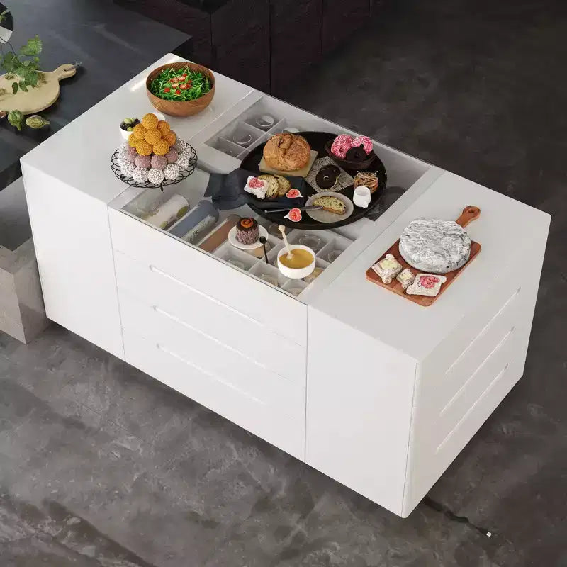 Desserte îlot de cuisine multifonctionnelle Famapy avec finition brillante : tiroirs spacieux, éclairage LED intégré, rangement organisé. Optimisez l'espace.