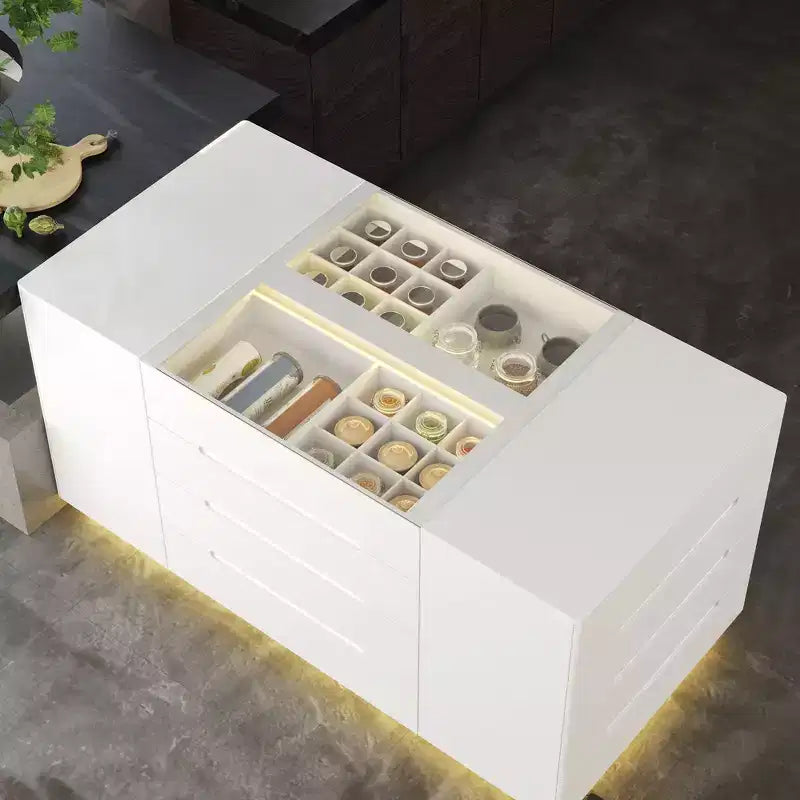 Desserte îlot de cuisine multifonctionnelle Famapy avec finition brillante : tiroirs spacieux, éclairage LED intégré, rangement organisé. Optimisez l'espace.