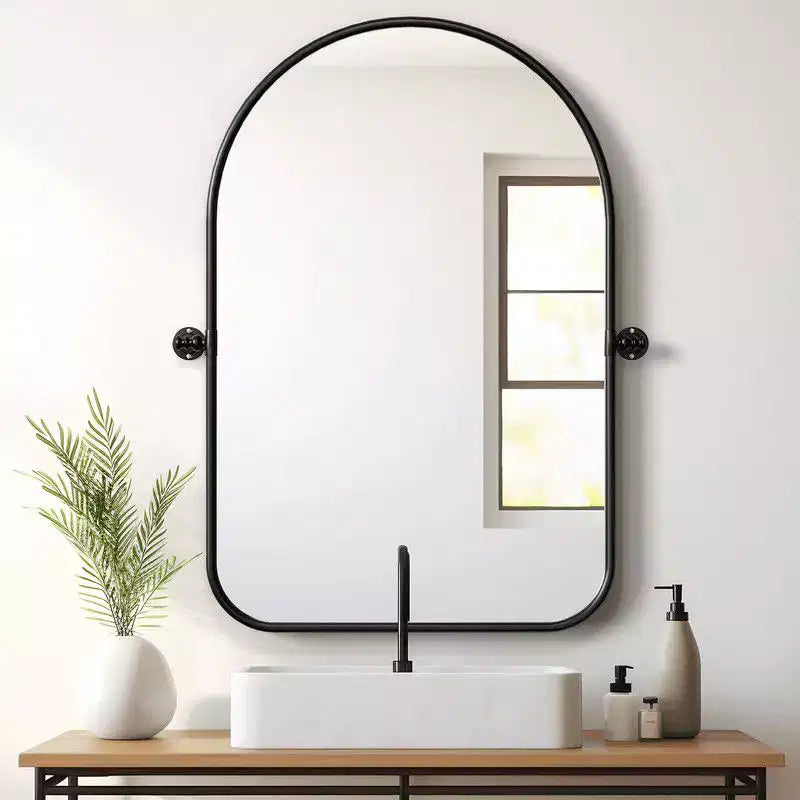 PexFix 36 x 24 Miroir mural pivotant en fer arche noir, inclinable, encadrement métallique réglable pour chambre à coucher et salon