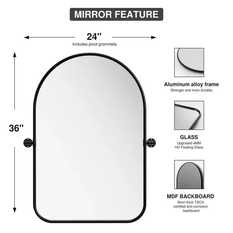 PexFix 36 x 24 Miroir mural pivotant en fer arche noir, inclinable, encadrement métallique réglable pour chambre à coucher et salon