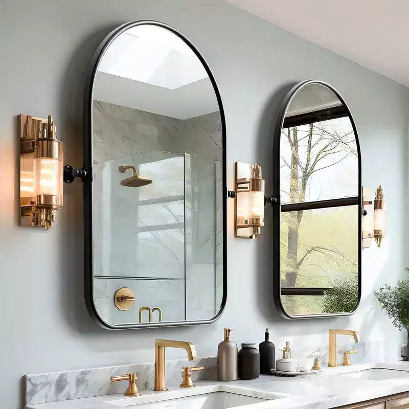 PexFix 36 x 24 Miroir mural pivotant en fer arche noir, inclinable, encadrement métallique réglable pour chambre à coucher et salon