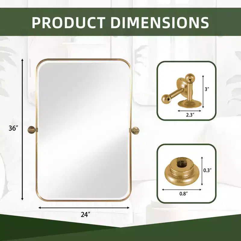 PexFix 36 x 24 Miroir mural pivotant rectangulaire en fer doré, miroir de courtoisie inclinable pour salle de bain, miroir bidirectionnel réglable à cadre métallique pour chambre et salon
