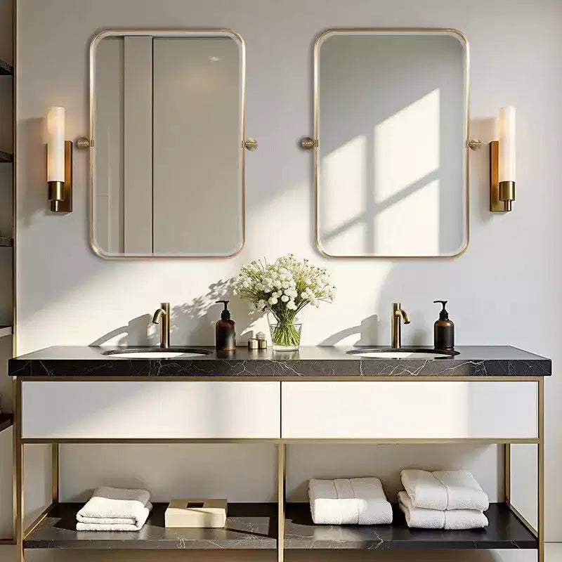 PexFix 36 x 24 Miroir mural pivotant rectangulaire en fer doré, miroir de courtoisie inclinable pour salle de bain, miroir bidirectionnel réglable à cadre métallique pour chambre et salon