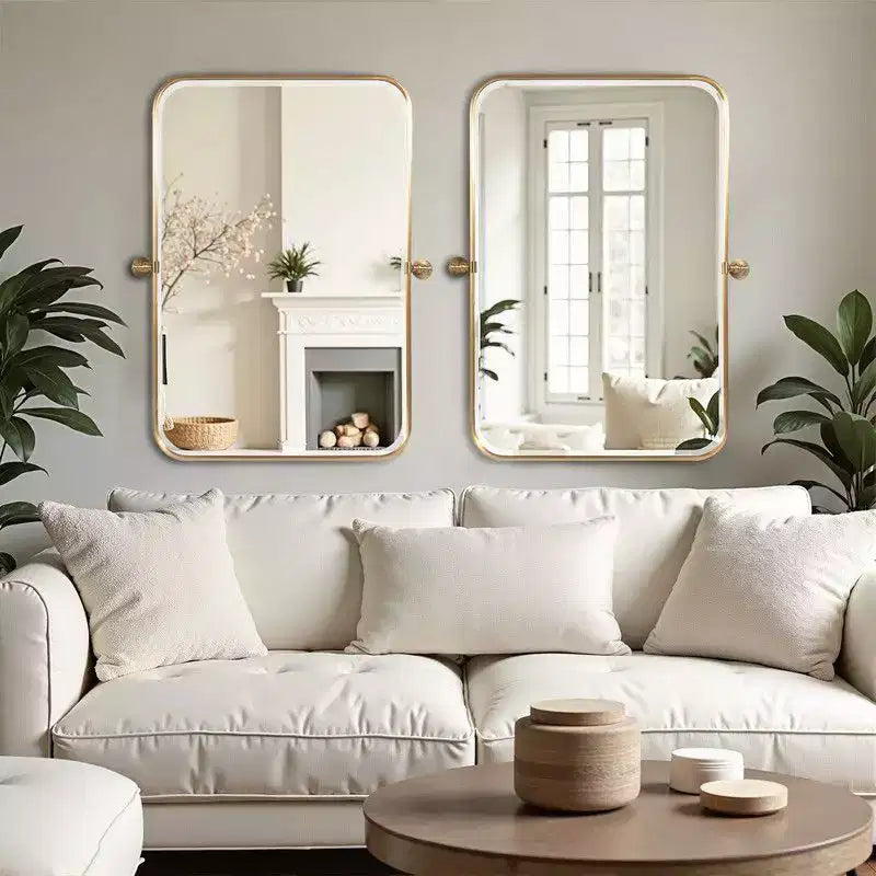 PexFix 36 x 24 Miroir mural pivotant rectangulaire en fer doré, miroir de courtoisie inclinable pour salle de bain, miroir bidirectionnel réglable à cadre métallique pour chambre et salon