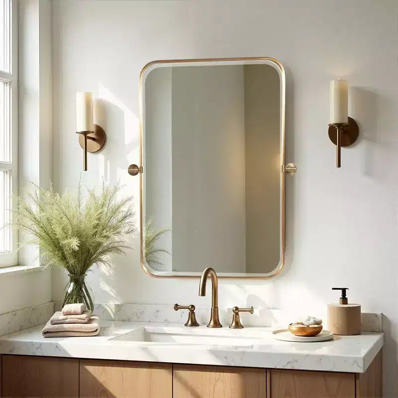 PexFix 36 x 24 Miroir mural pivotant rectangulaire en fer doré, miroir de courtoisie inclinable pour salle de bain, miroir bidirectionnel réglable à cadre métallique pour chambre et salon