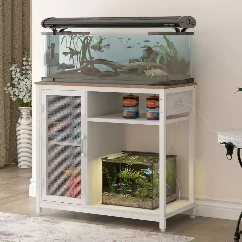 Meuble de support pour aquarium avec prises de courant, support d'aquarium en métal de 150-190 litres avec armoire pour le rangement des accessoires d'aquarium