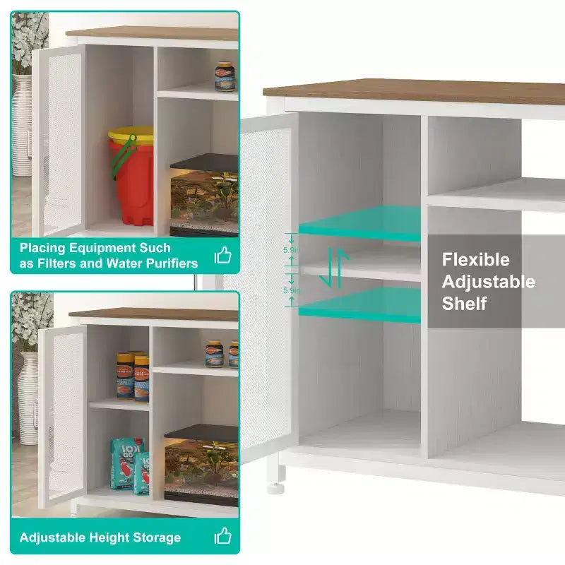 Meuble de support pour aquarium avec prises de courant, support d'aquarium en métal de 150-190 litres avec armoire pour le rangement des accessoires d'aquarium