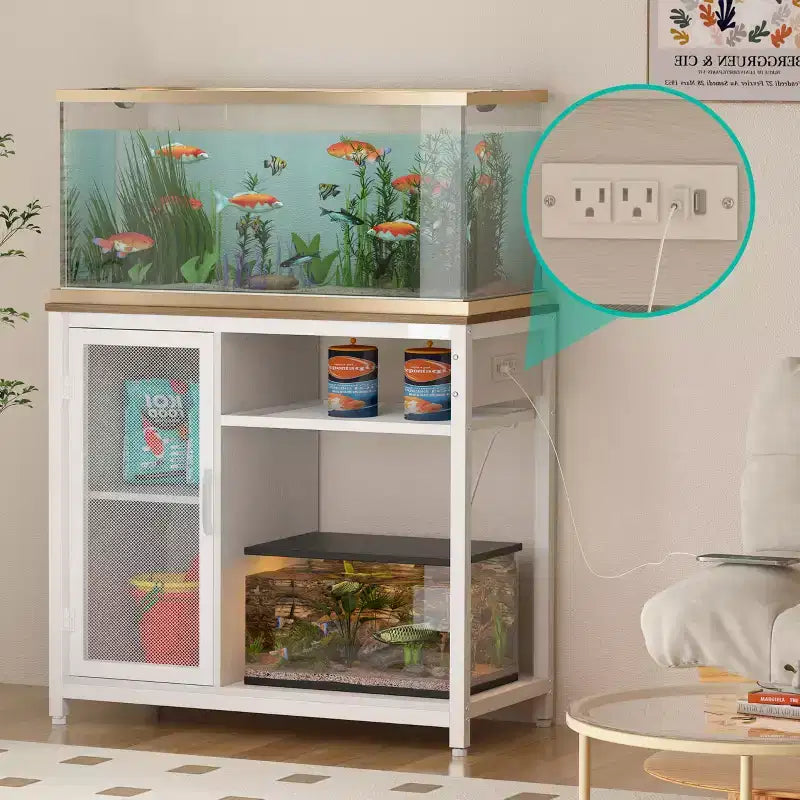Meuble de support pour aquarium avec prises de courant, support d'aquarium en métal de 150-190 litres avec armoire pour le rangement des accessoires d'aquarium