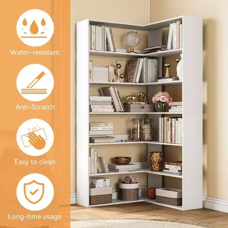 Étagère d'angle, étagère d'angle à 6 niveaux en forme de L avec déflecteurs, bibliothèque en bois